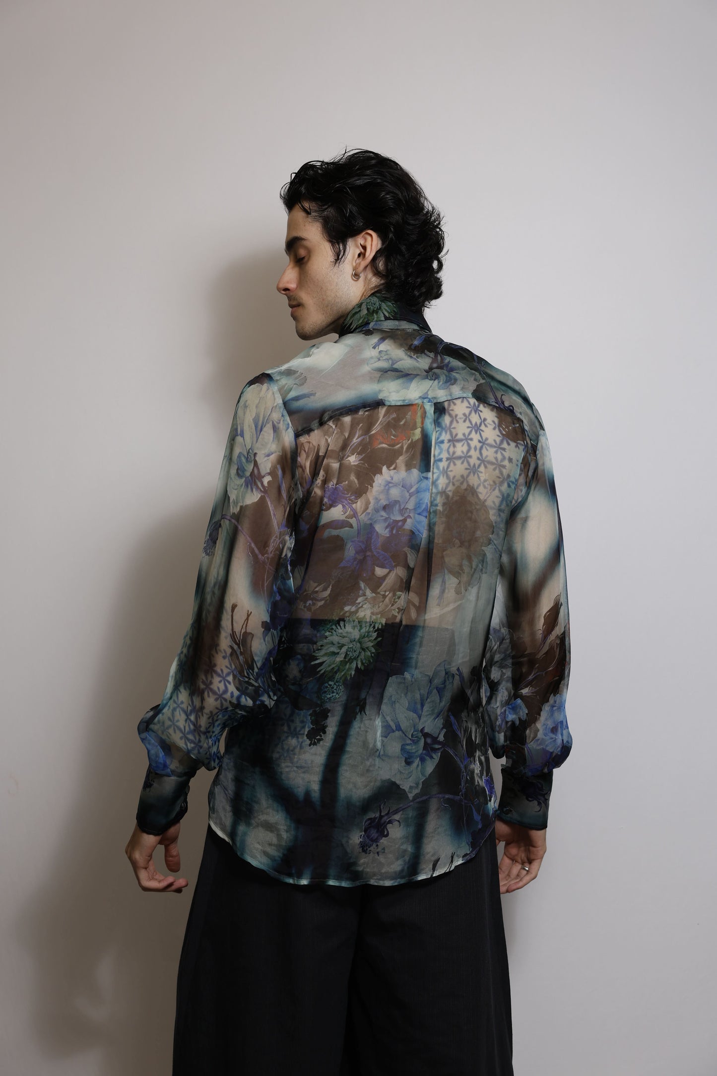 Camisa em Organza de Seda Pura Estampada - Azul noite
