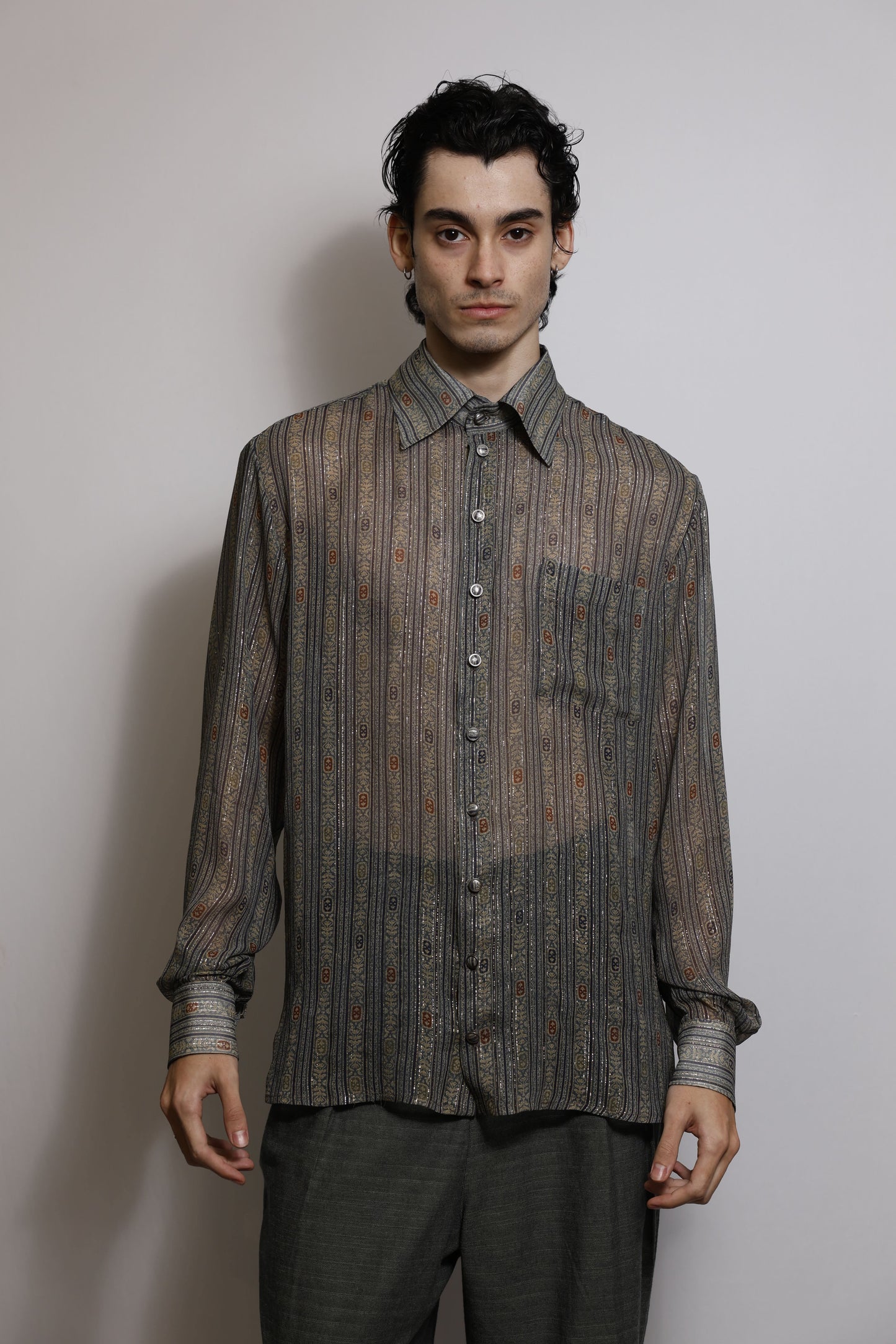 Camisa em Chiffon de Seda Estampado com Fios de Lurex - Verde Malva