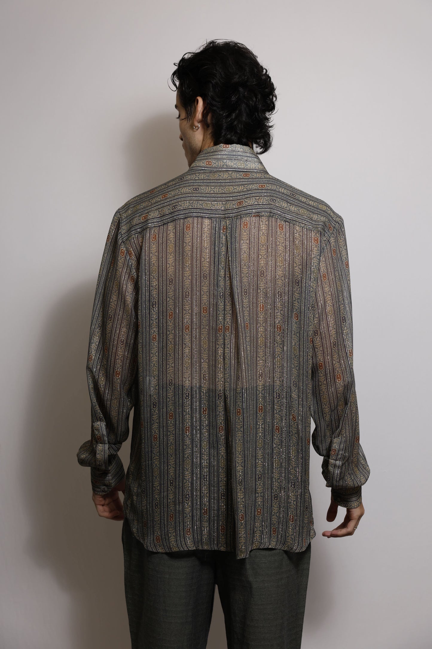Camisa em Chiffon de Seda Estampado com Fios de Lurex - Verde Malva