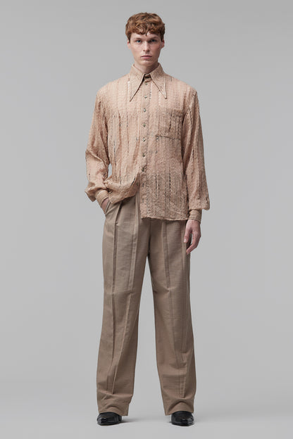 Camisa de Mangas Longas em Crepe de Seda Destruído e Reconstruído Bege