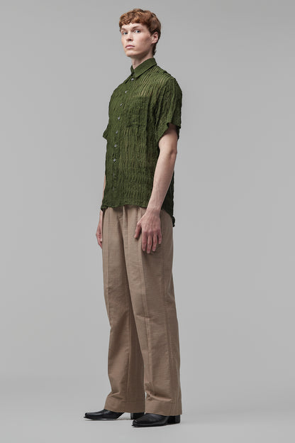 Camisa de Mangas Curtas em Chiffon de Seda Pregueado Verde-Musgo
