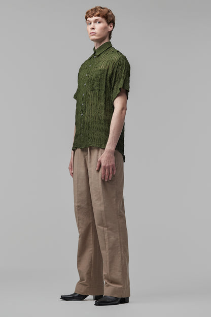 Camisa de Mangas Curtas em Chiffon de Seda Pregueado Verde-Musgo