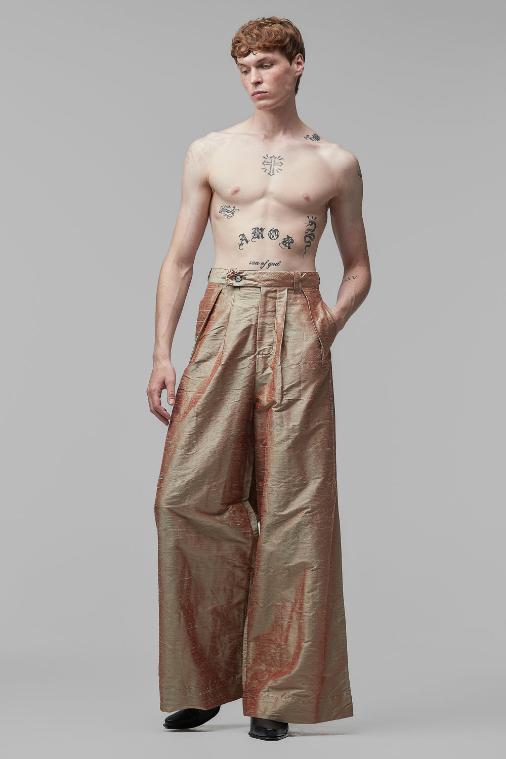 Pantalona em Shantung Changeant de Seda Menta e Goiaba