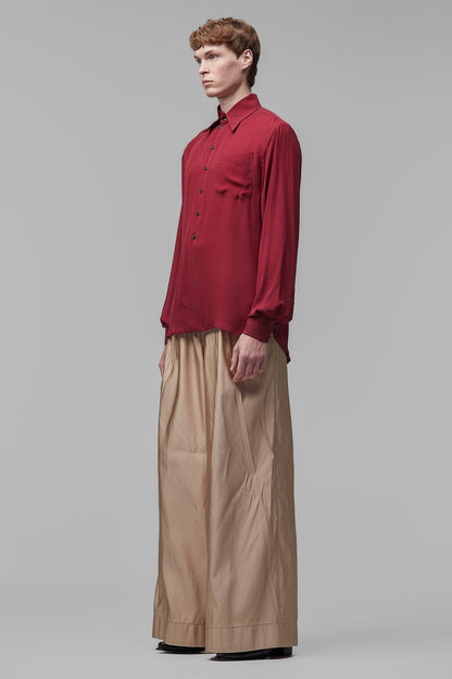 Camisa de Mangas Longas em Cetim de Seda Fosco Vermelho-Cereja