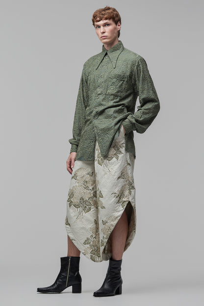 Camisa de Mangas Longas em Algodão Verde-Eucalipto Bordado ao Estilo Art-Nouveau