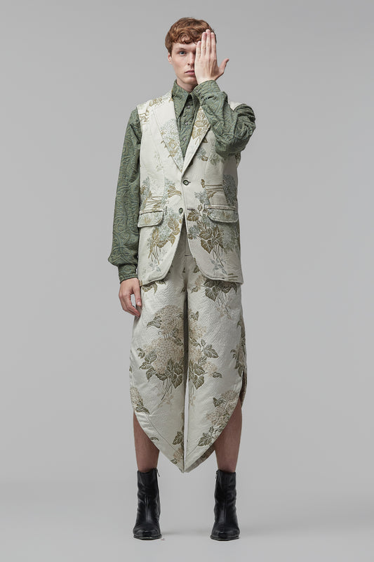 Blazer-Colete em Alfaiataria de Jacquards Pesados Florais em Verdes Claros Sobre Fundo Off-White