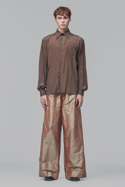 Camisa de Mangas Longas em Cetim de Seda Fosco Cinza-Quente