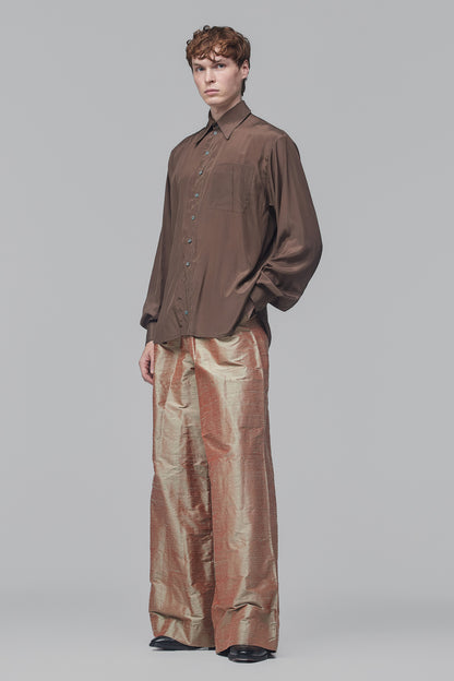 Camisa de Mangas Longas em Cetim de Seda Fosco Cinza-Quente