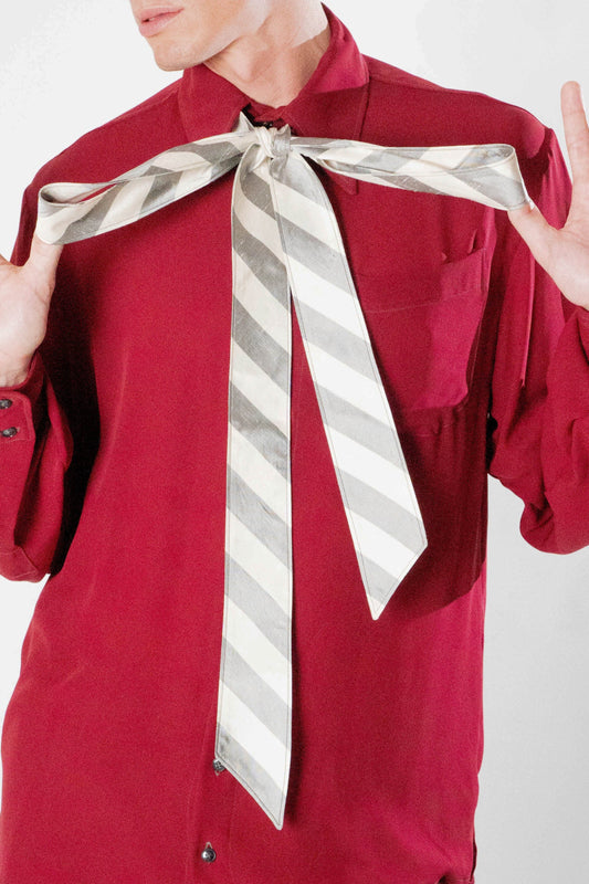 Fita Doupion de Seda - Off-White e Cinza