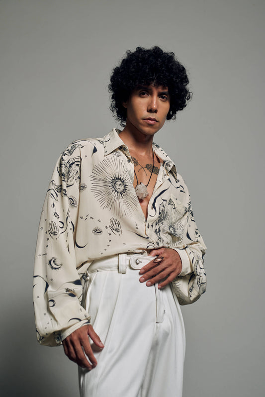 Camisa em Crepe de Chine Astros - Off e Chumbo