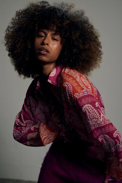 Camisa em Georgette de Seda Paisley - Magenta e Laranja