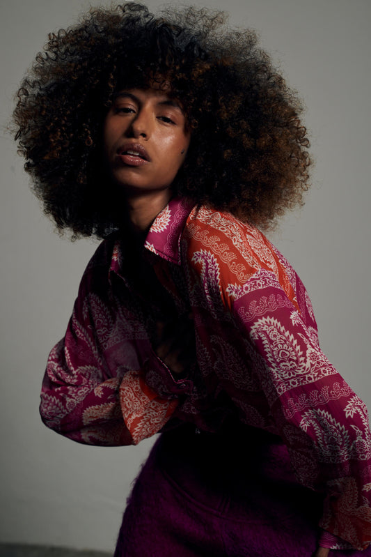 Camisa em Georgette de Seda Paisley - Magenta e Laranja