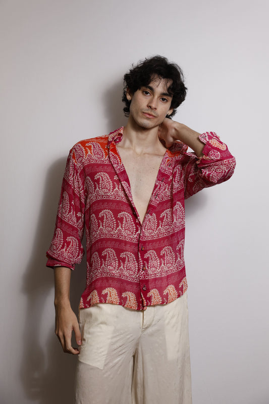 Camisa em Georgette de Seda Paisley - Magenta e Laranja