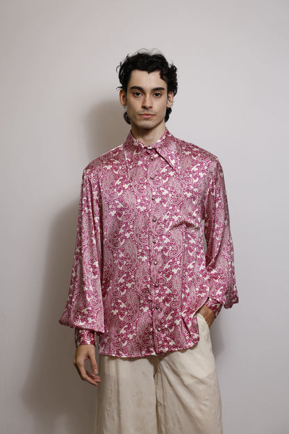 Camisa em Cetim de Seda Paisley - Off/ Magenta