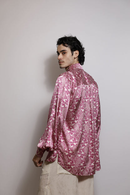 Camisa em Cetim de Seda Paisley - Off/ Magenta