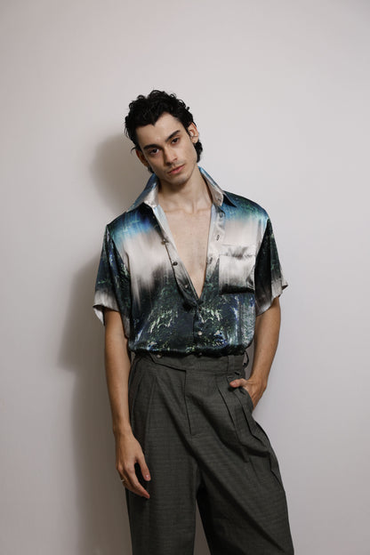 Camisa de Mangas Curtas em Cetim Aquarelado - Azuis e Cinzas