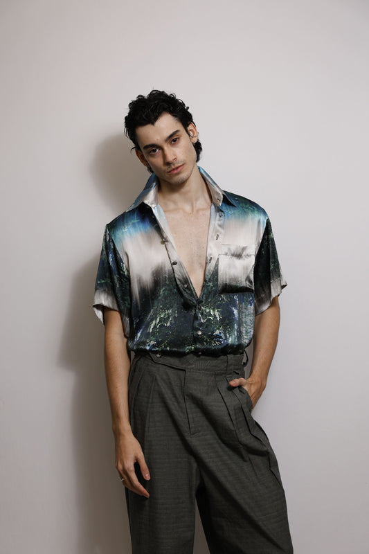 Camisa de Mangas Curtas em Cetim Aquarelado - Azuis e Cinzas
