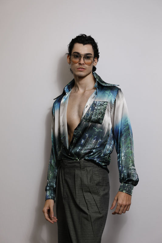 Camisa de Mangas Longas em Cetim Aquarelado - Azuis e Cinzas