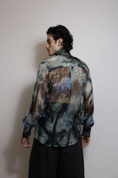 Camisa em Organza de Seda Pura Estampada - Azul noite