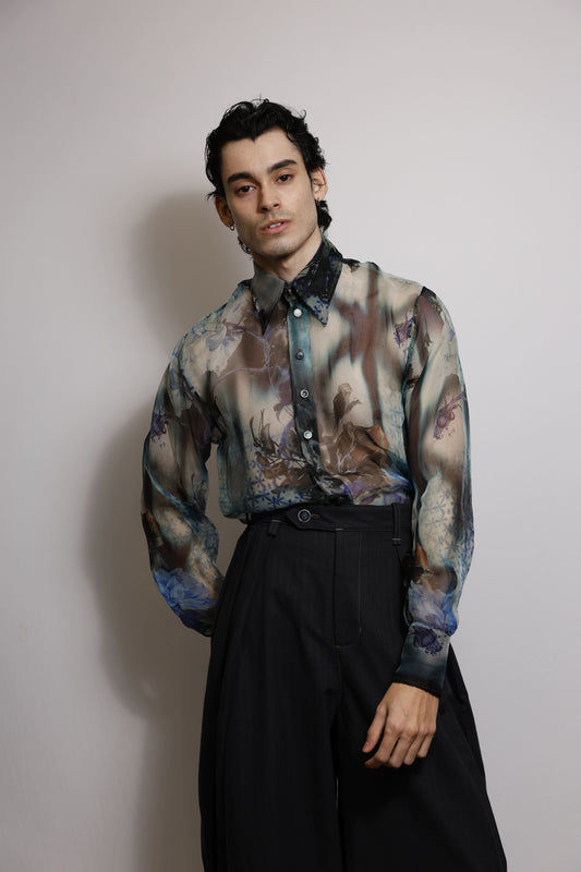 Camisa em Organza de Seda Pura Estampada - Azul noite