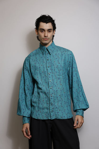 Camisa em Linho Misto Estampado - Turquesa