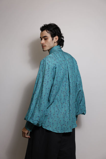 Camisa em Linho Misto Estampado - Turquesa