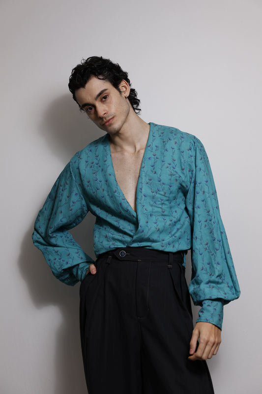 Camisa em Linho Misto Estampado - Turquesa