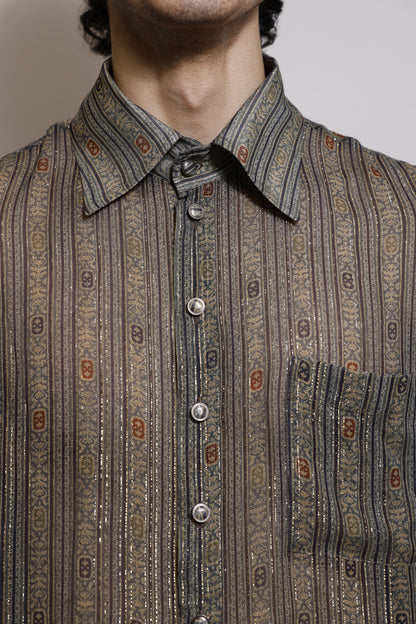Camisa em Chiffon de Seda Estampado com Fios de Lurex - Verde Malva