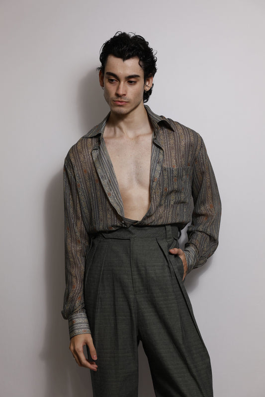 Camisa em Chiffon de Seda Estampado com Fios de Lurex - Verde Malva