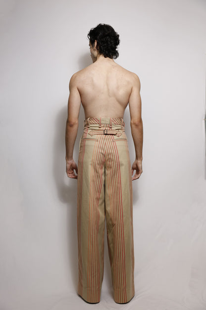 Pantalona em Sarja Pesada com Listras em Fio Tinto - Camel