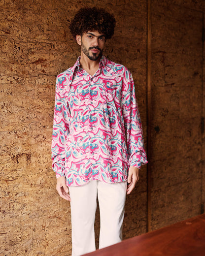 Camisa de Poliéster Paisley - Turquesa e Rosa