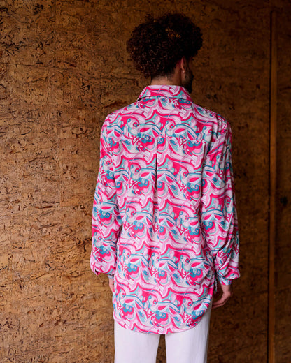 Camisa de Poliéster Paisley - Turquesa e Rosa