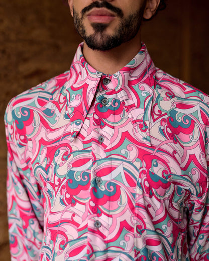 Camisa de Poliéster Paisley - Turquesa e Rosa