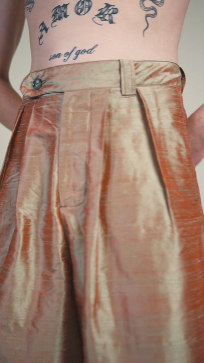 Pantalona em Shantung Changeant de Seda Menta e Goiaba