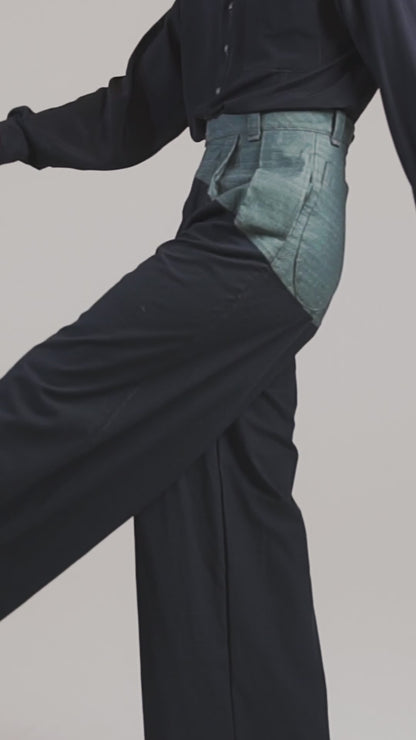 Pantalona com Pala Sinuosa em Algodões Telados Preto e Chumbo e Verde-Opaco e Preto