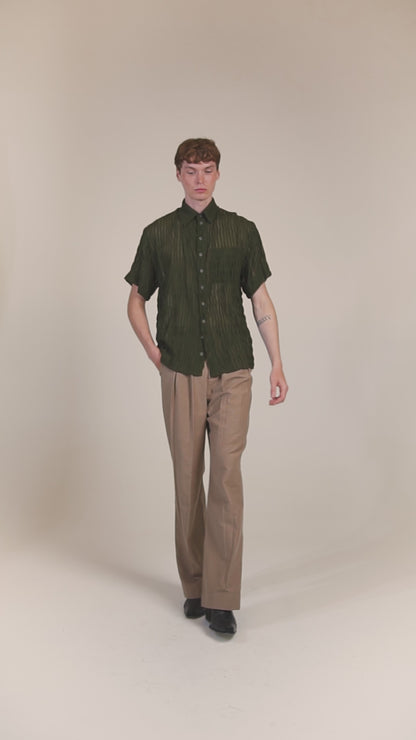 Camisa de Mangas Curtas em Chiffon de Seda Pregueado Verde-Musgo
