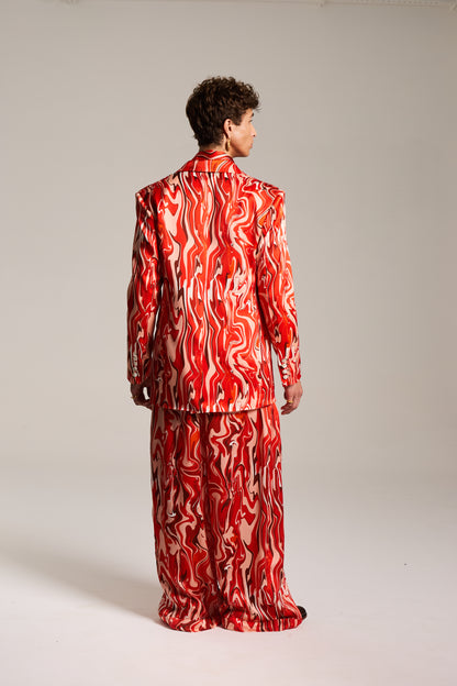 Blazer de Seda com Mangas Bufantes estampada em Mármore Sanguíneo Pulsante