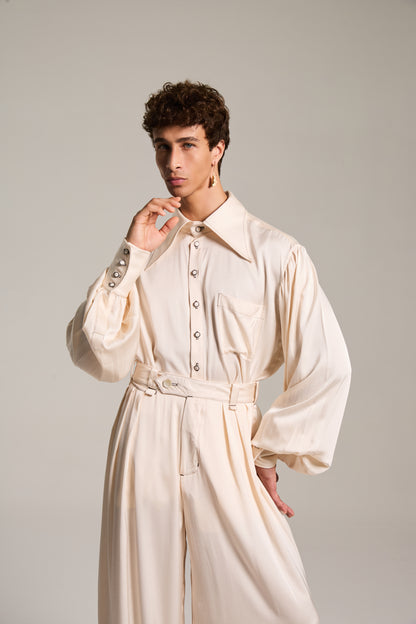 Camisa de Mangas Bufantes em Cetim de Viscose Champagne Etéreo