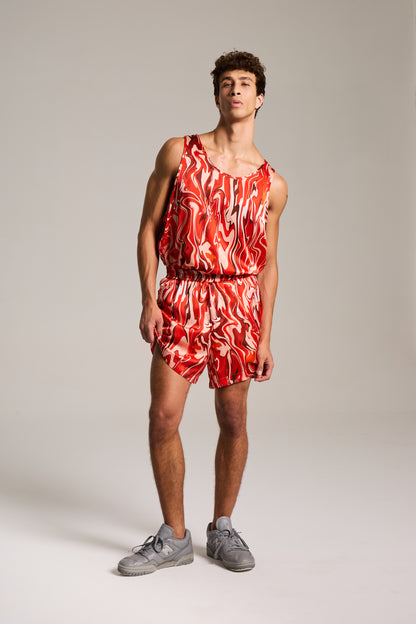 Shorts de Seda estampada em Mármore Sanguíneo Pulsante