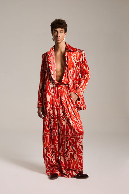Blazer de Seda com Mangas Bufantes estampada em Mármore Sanguíneo Pulsante