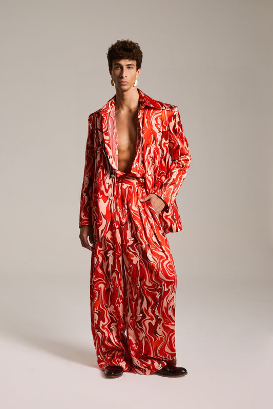 Blazer de Seda com Mangas Bufantes estampada em Mármore Sanguíneo Pulsante