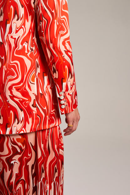 Blazer de Seda com Mangas Bufantes estampada em Mármore Sanguíneo Pulsante