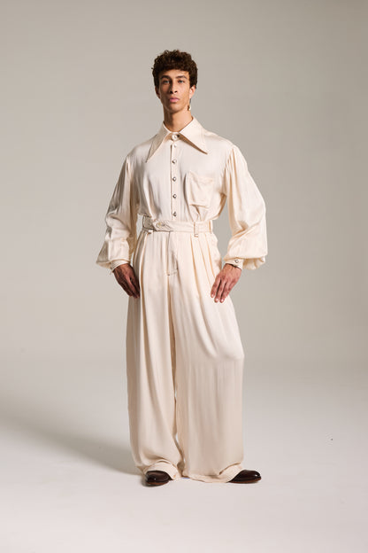 Camisa de Mangas Bufantes em Cetim de Viscose Champagne Etéreo