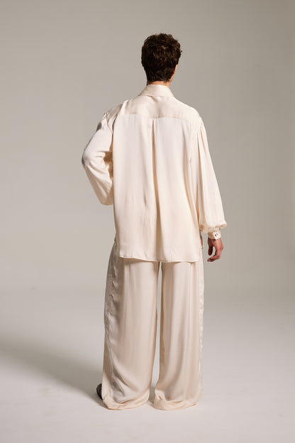 Camisa de Mangas Bufantes em Cetim de Viscose Champagne Etéreo