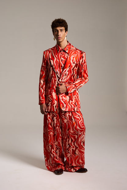 Blazer de Seda com Mangas Bufantes estampada em Mármore Sanguíneo Pulsante